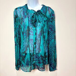 Hale Bob SILK Blouse sz M Animal Print Green Neck Tie Mermaidcore Dark Fairy